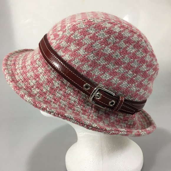 Coach S Pink Gray Houndstooth Wool Bucket Hat - Picture 1 of 6